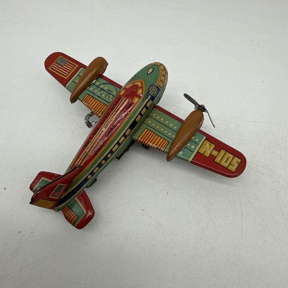 Vintage Japan Tin Litho Toy Airplane Wind Up Mechanism Missing 1 Propeller - Picture 5 of 10